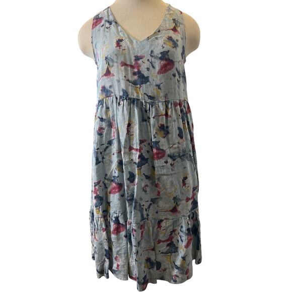 Linen Sun Dress Tie Back V Neck Sz S Blue Abstract Floral Beach Cruise Cottage - Picture 1 of 8